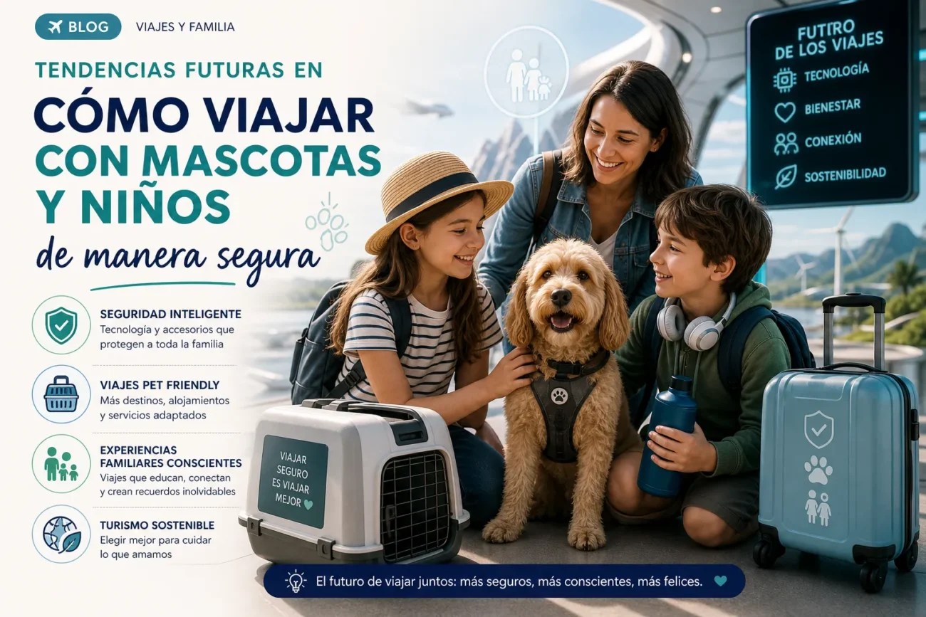 tendencias-futuras-en-Como-viajar-con-mascotas-y-ninos-de-manera-segura - Pulso Turistico Familia con un perro en un aeropuerto, rodeados de maletas, promocionando viajar con mascotas y niños de forma segura