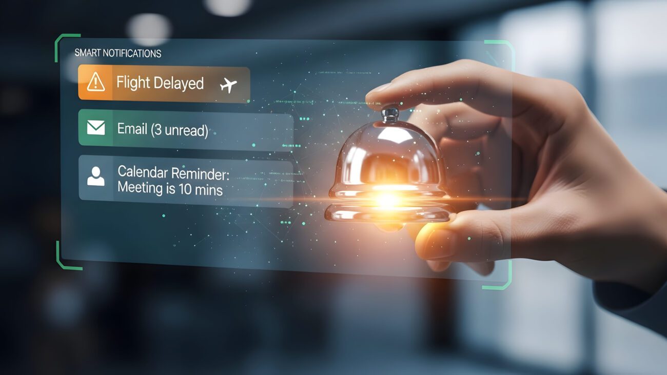 782587 Conekta Visual - Pulso Turistico Hand holding a glowing bell icon with a holographic notification panel showing Flight Delayed, Email (3 unread), and Calendar Reminder.