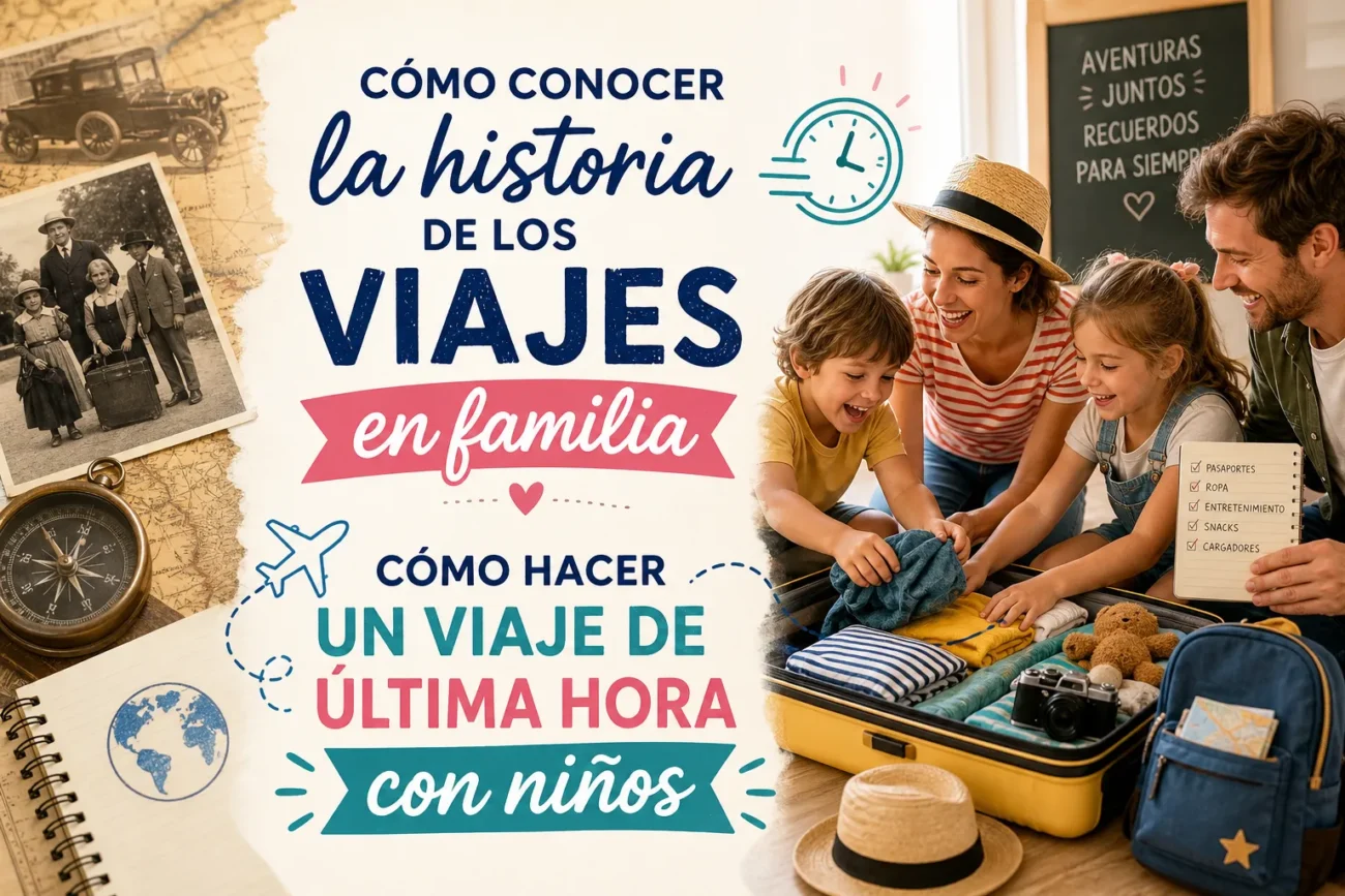 Banner promocional en español sobre viajes en familia, con una madre y dos niños sonriendo mientras hacen las maletas abiertas en una maleta grande.